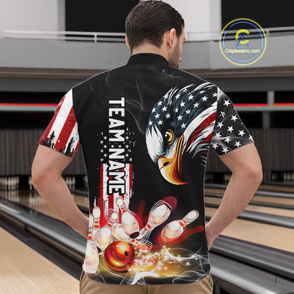 American Flag smoke Eagle Bowling Polo, 1/4 zip Shirts For Men Custom patriotic Bowling team jerseys NQS10719