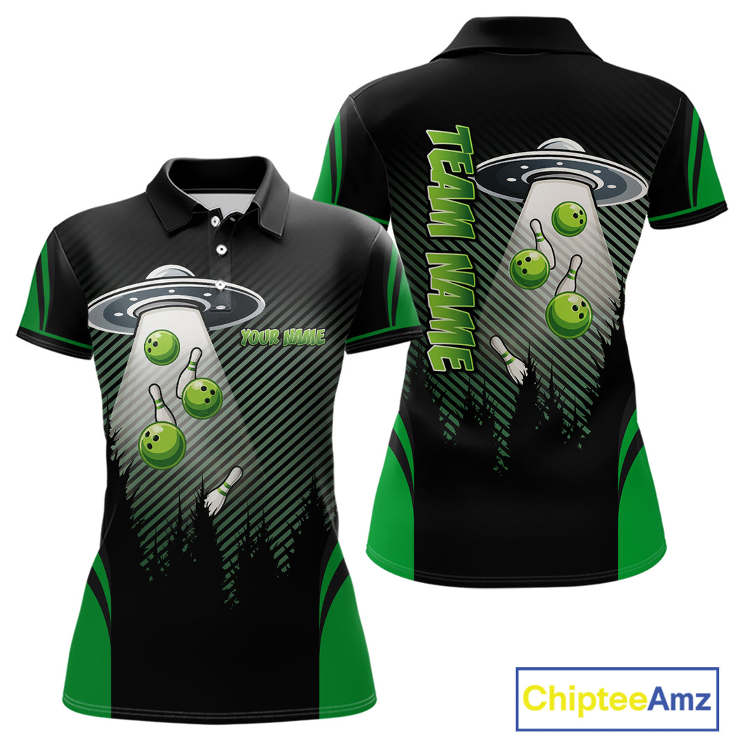 Black and Green ufo alien Bowling Women Bowling Polo, quarter zip Shirts Custom Bowling Team Jersey NQS10726