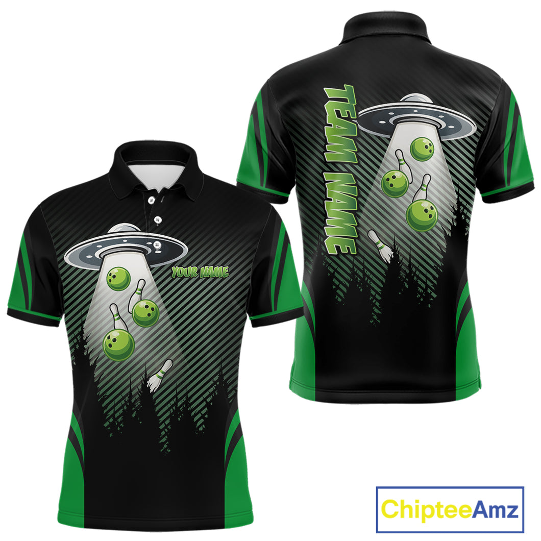 Black and Green ufo alien Bowling Mens Bowling Polo, quarter zip Shirts Custom Bowling Team Jersey NQS10726