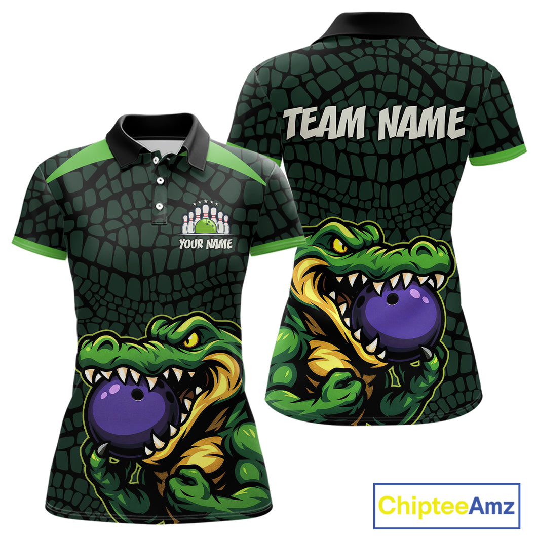 Green Alligator Bowling Polo, Quarter Zip shirts for Women Custom Team bowling uniform jersey NQS10734