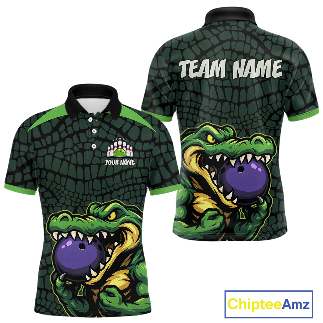 Green Alligator Bowling Polo, Quarter Zip shirts for Men Custom Team bowling uniform jersey NQS10734