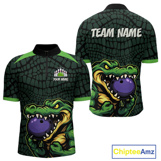 Green Alligator Bowling Polo, Quarter Zip shirts for Men Custom Team bowling uniform jersey NQS10734