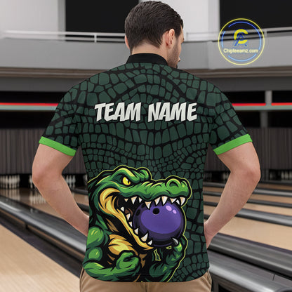 Green Alligator Bowling Polo, Quarter Zip shirts for Men Custom Team bowling uniform jersey NQS10734