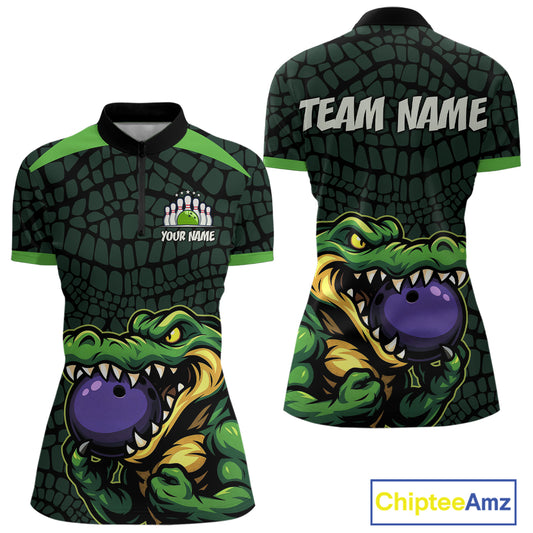 Green Alligator Bowling Polo, Quarter Zip shirts for Women Custom Team bowling uniform jersey NQS10734