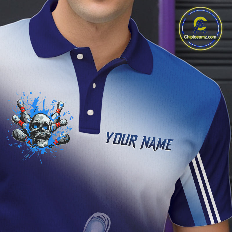 Personalized Blue Gradient Skull Bowling Shirts For Men Custom Bowling Team Jerseys Gift For Bowlers NQS11138
