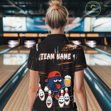 Load image into Gallery viewer, Custom Black And Orange Funny Beer Bowling Women Polo, Quarter Zip Shirts, funny bowling shirts NQS10959