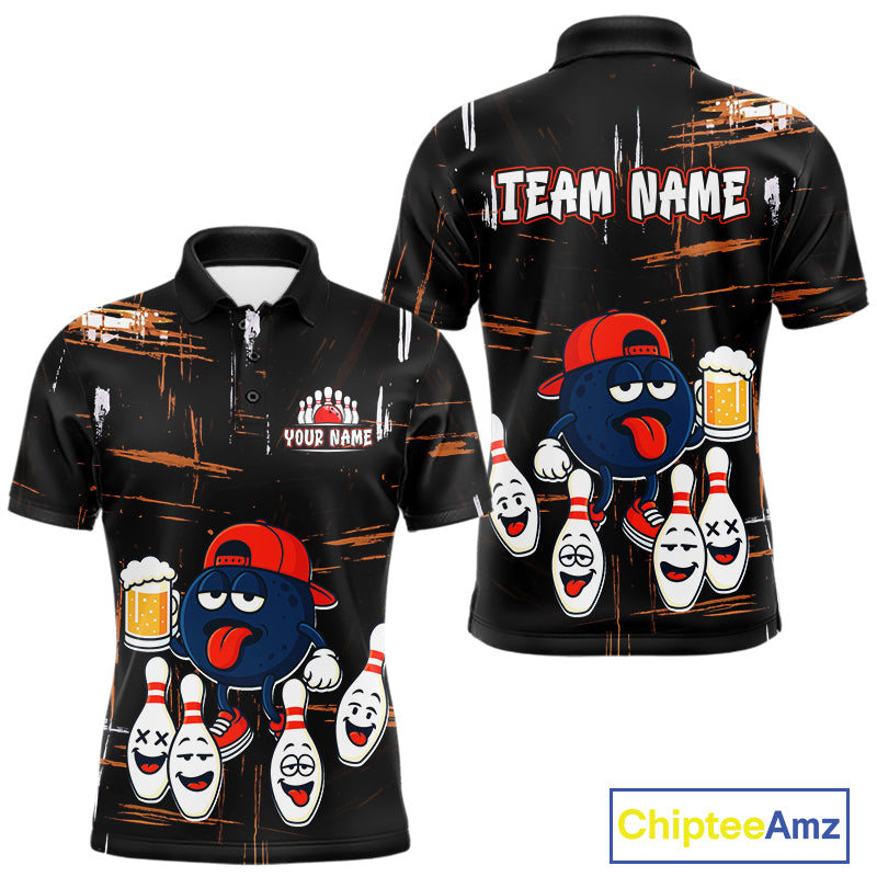 Custom Black And Orange Funny Beer Bowling Men Polo, Quarter Zip Shirts, funny bowling shirts NQS10959