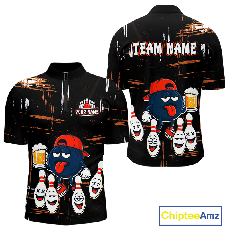 Custom Black And Orange Funny Beer Bowling Men Polo, Quarter Zip Shirts, funny bowling shirts NQS10959