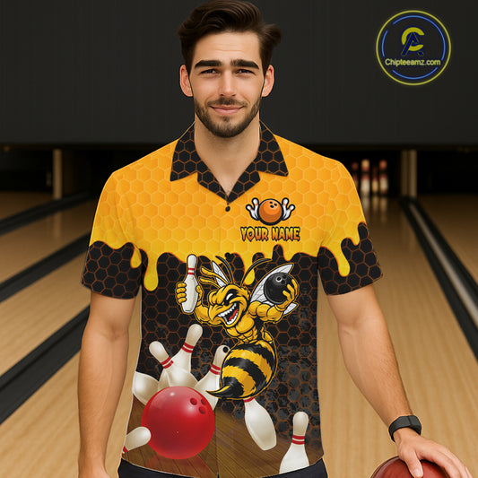 Custom Black and Yellow Honey Pattern Angry Bee Bowling Team Button-up Shirt, Bowling League Shirts NQS11705