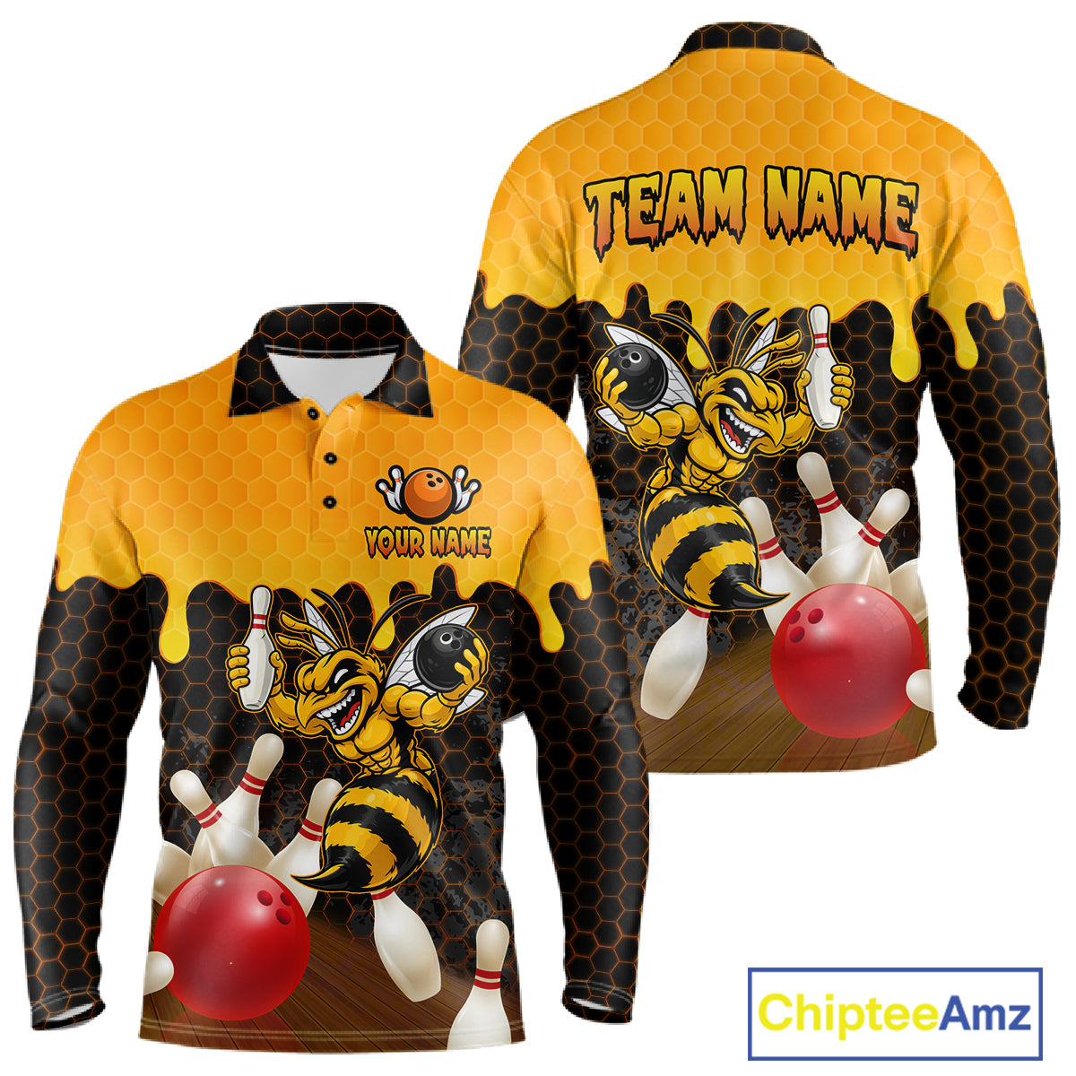 Custom Black and Yellow Honey Pattern Angry Bee Bowling Team Shirts For Men, Bowling League Shirts NQS11705