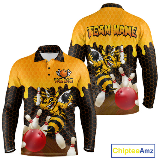 Custom Black and Yellow Honey Pattern Angry Bee Bowling Team Shirts For Men, Bowling League Shirts NQS11705