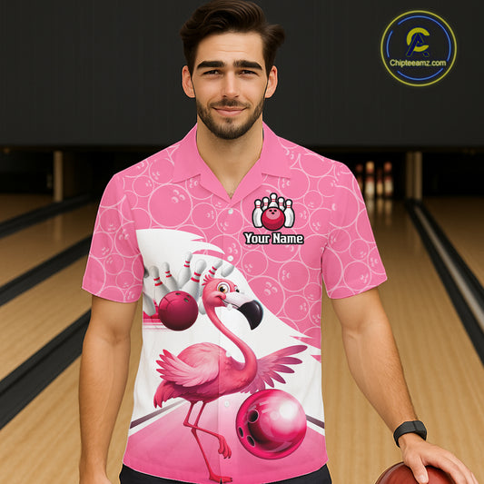 Funny Pink Flamingo Bowling Button-up Shirt Custom Flamingo Team bowling jerseys, gift for bowlers NQS11715
