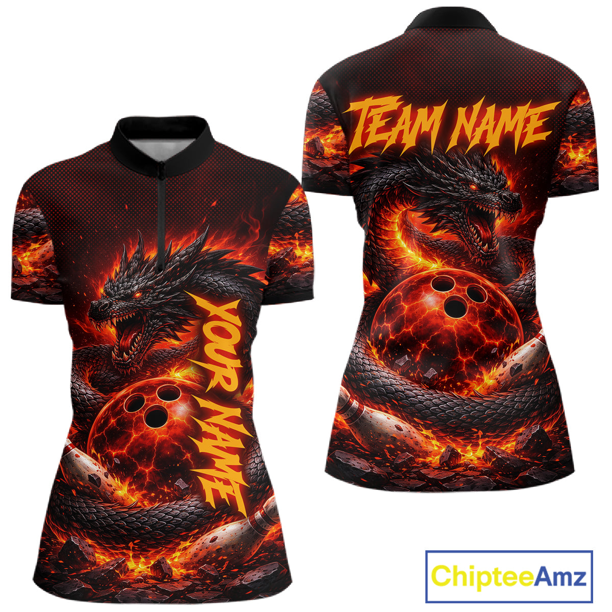 Custom Red Dragon Bowling Polo Shirts, Bowling 1/4 zip jersey For Women, Team Bowling League jerseys NQS11588