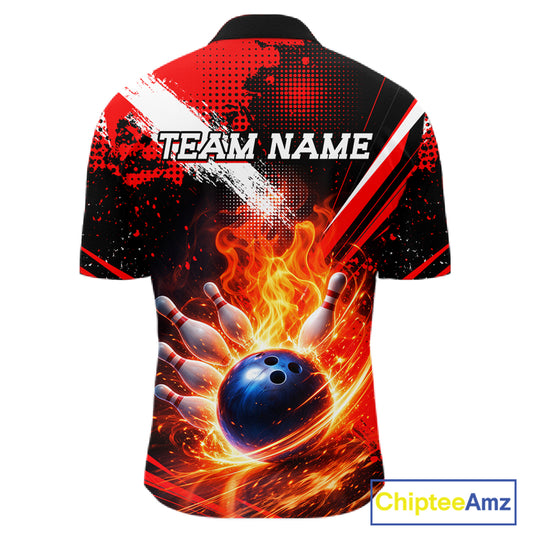 Custom Black and Red Flame Bowling Jersey Bowling Polo, 1/4 Zip Shirts for Men, Team bowling outfit NQS11595