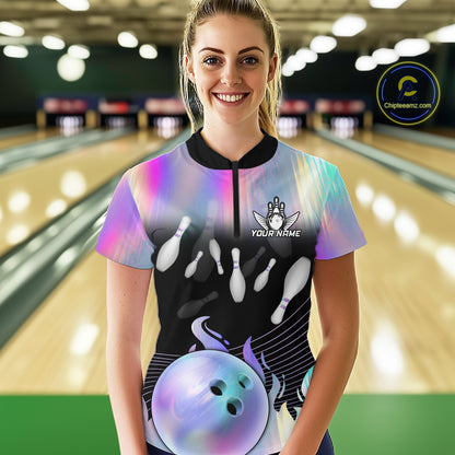 Bowling Polo Shirts For Women, 1/4 zip shirts Custom hologram Bowling Team Shirts Bowler Outfit NQS11385