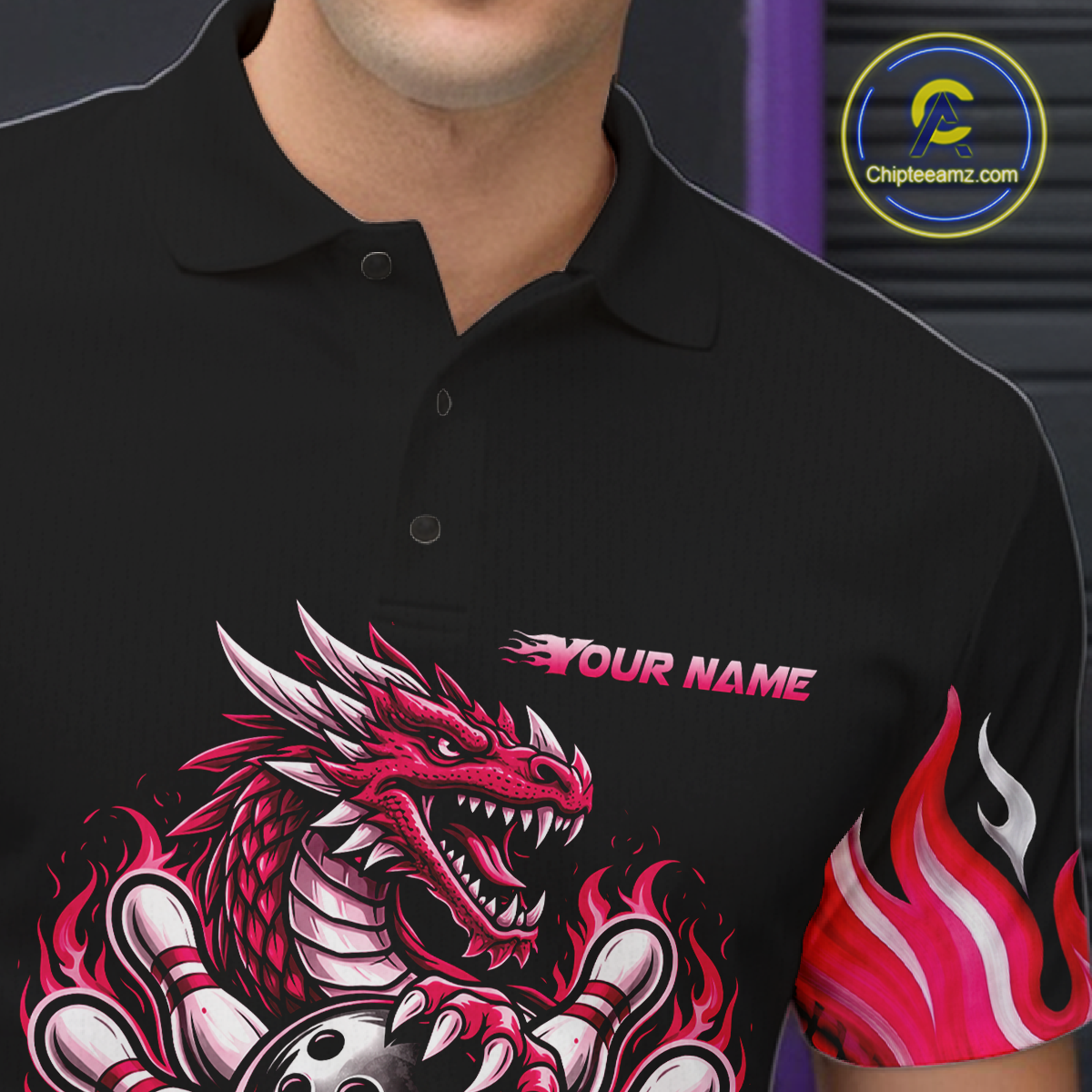Black and Pink Flame Dragon Bowling Polo, 1/4 Zip Shirts For Men Custom Dragon Bowling Team Jerseys NQS11733