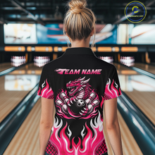 Load image into Gallery viewer, Black and Pink Flame Dragon Bowling Polo, 1/4 Zip Shirts For Women Custom Dragon Bowling Team Jerseys NQS11733