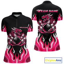 Load image into Gallery viewer, Black and Pink Flame Dragon Bowling Polo, 1/4 Zip Shirts For Women Custom Dragon Bowling Team Jerseys NQS11733