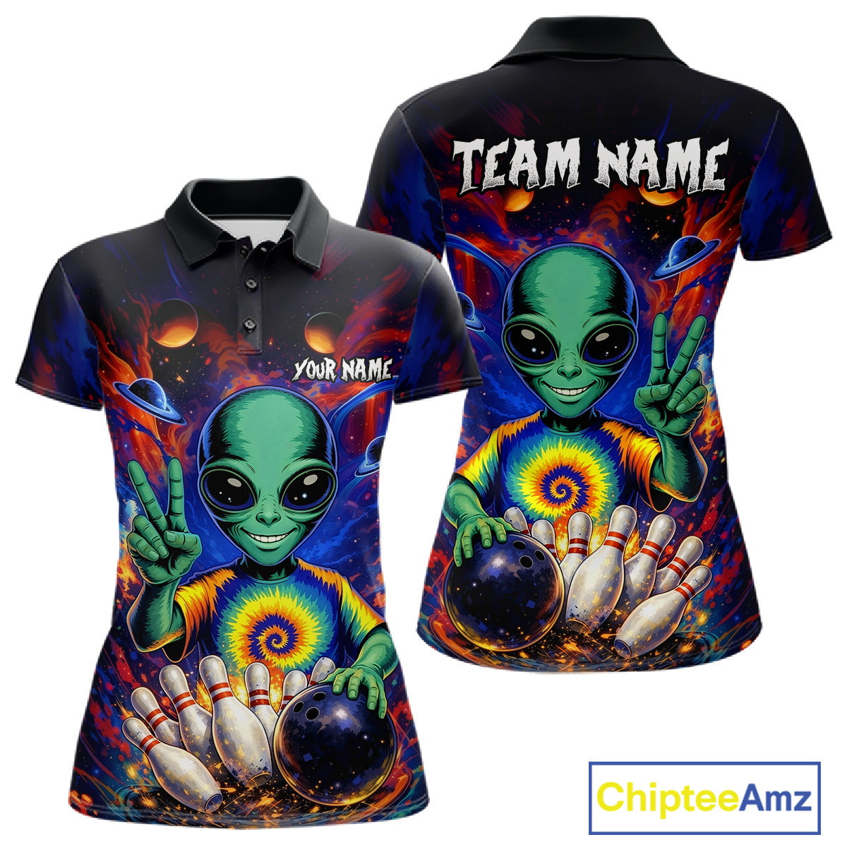 Funny Colorful Galaxy Alien Bowling Shirts For Women Custom Bowling Team Outfit, Gift For Bowler NQS11444