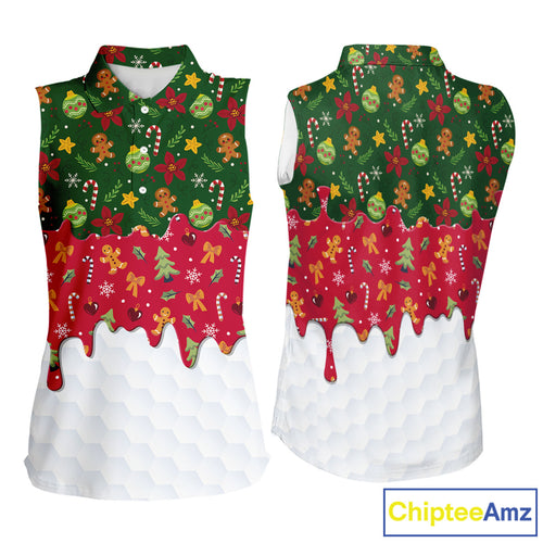 Funny Christmas pattern Sleeveless Golf Polo Shirt, Christmas golf gifts ladies golf outfit NQS10866