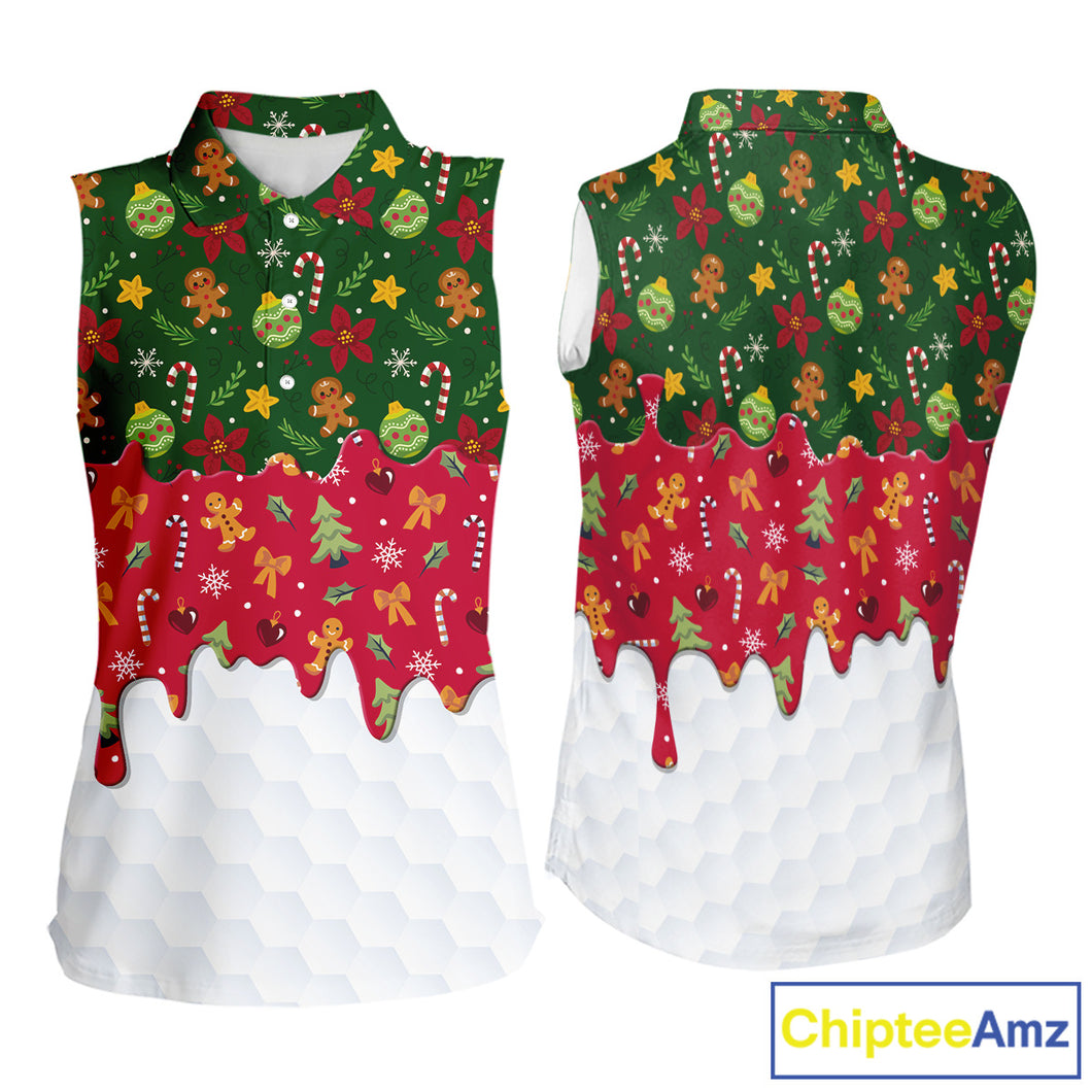 Funny Christmas pattern Sleeveless Golf Polo Shirt, Christmas golf gifts ladies golf outfit NQS10866