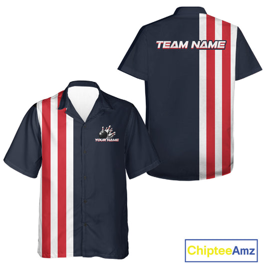 Retro Bowling Hawaiian Button-up Shirt custom Red, White & Blue patriotic bowling outfits team jersey NQS11446