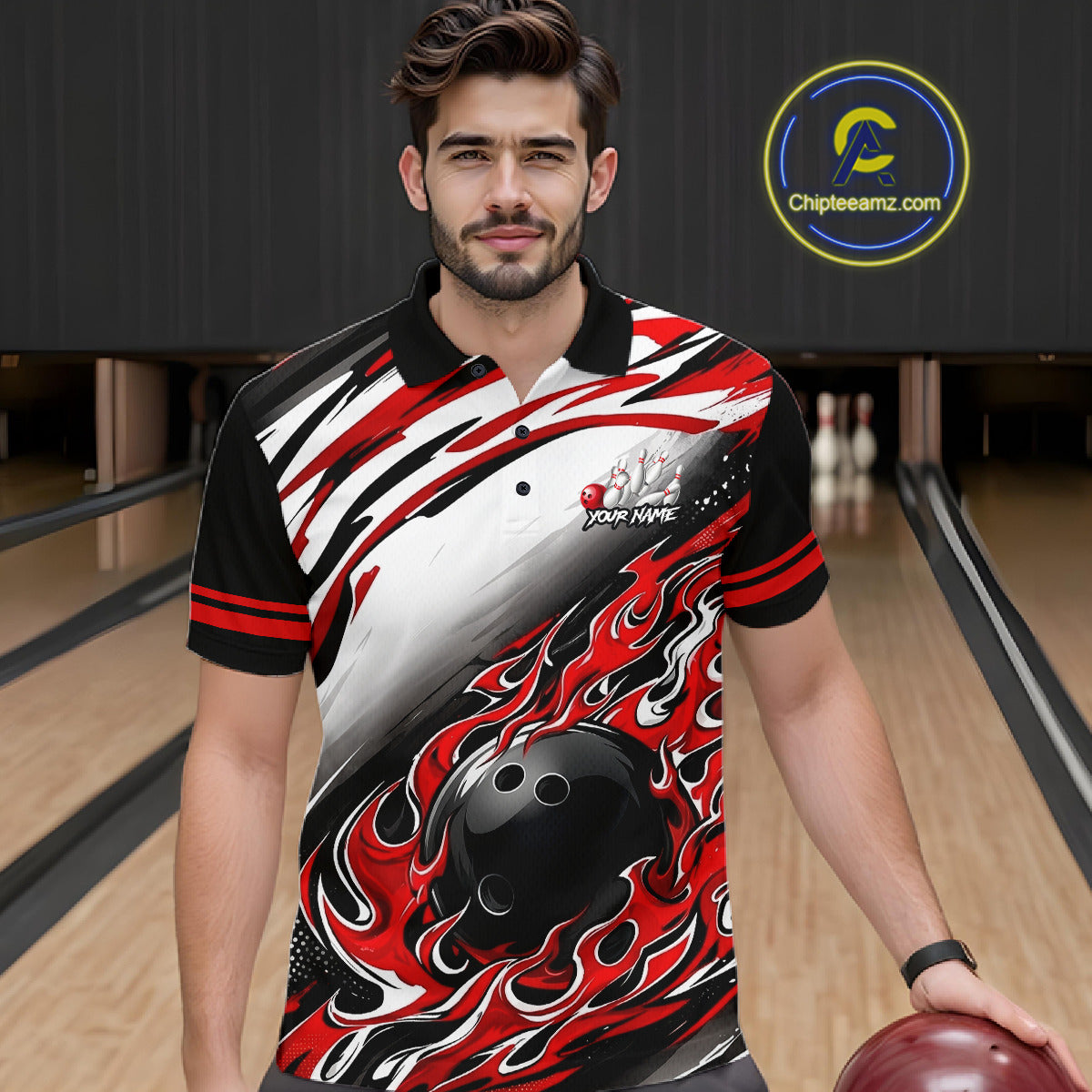 Red Flame Bowling Polo, Quarter Zip Shirts For Men Custom Bowling Team Jerseys, Gift For Bowlers NQS11738