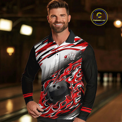 Red Flame Bowling Polo, Quarter Zip Shirts For Men Custom Bowling Team Jerseys, Gift For Bowlers NQS11738