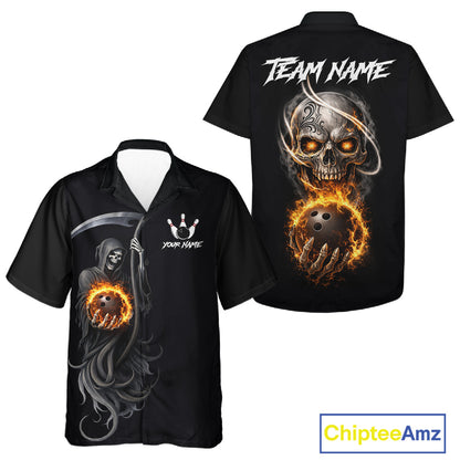 Flame Skull Reaper Bowling Hawaiian Shirt Custom Bowling Team Button-up Shirt | Black NQS11745