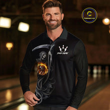 Load image into Gallery viewer, Flame Skull Reaper Bowling Polo, Quarter Zip Shirts For Men Custom Bowling Team Jerseys | Black NQS11745