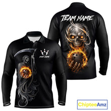 Load image into Gallery viewer, Flame Skull Reaper Bowling Polo, Quarter Zip Shirts For Men Custom Bowling Team Jerseys | Black NQS11745
