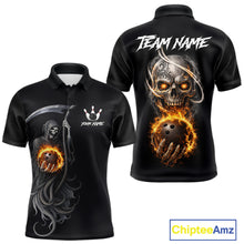 Load image into Gallery viewer, Flame Skull Reaper Bowling Polo, Quarter Zip Shirts For Men Custom Bowling Team Jerseys | Black NQS11745