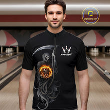 Load image into Gallery viewer, Flame Skull Reaper Bowling Polo, Quarter Zip Shirts For Men Custom Bowling Team Jerseys | Black NQS11745