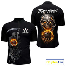 Load image into Gallery viewer, Flame Skull Reaper Bowling Polo, Quarter Zip Shirts For Men Custom Bowling Team Jerseys | Black NQS11745