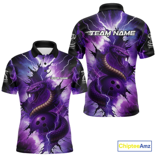 Custom Black And Purple Thunder Lightning Cobra Snake Bowling Men Polo, Quarter Zip Shirts For Team NQS10670
