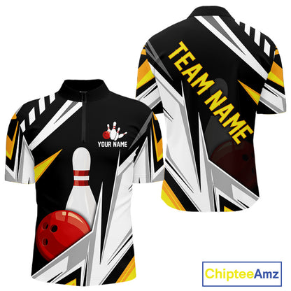 Black, White and Gold Men's bowling Polo, Quarter Zip shirts Custom Team bowling league jerseys NQS11264