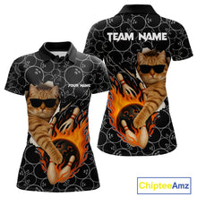 Load image into Gallery viewer, Custom Funny Cat Bowling shirts for women, black camo flame cool bowling uniform for team bowlers NQS11074