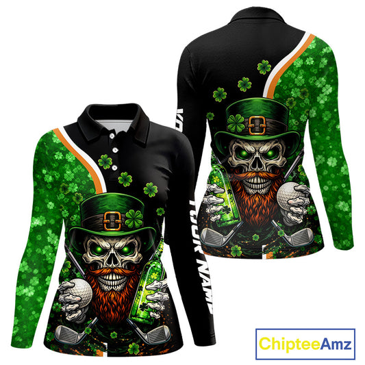 Green shamrock pattern St Patrick Skull Golf and Beer Polo shirts for Women Custom ladies golf tops NQS11483