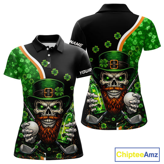 Green shamrock pattern St Patrick Skull Golf and Beer Polo shirts for Women Custom ladies golf tops NQS11483
