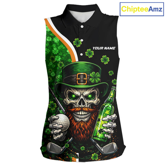 Green shamrock pattern St Patrick Skull Golf and Beer Sleeveless golf tops Custom ladies golf outfit NQS11483