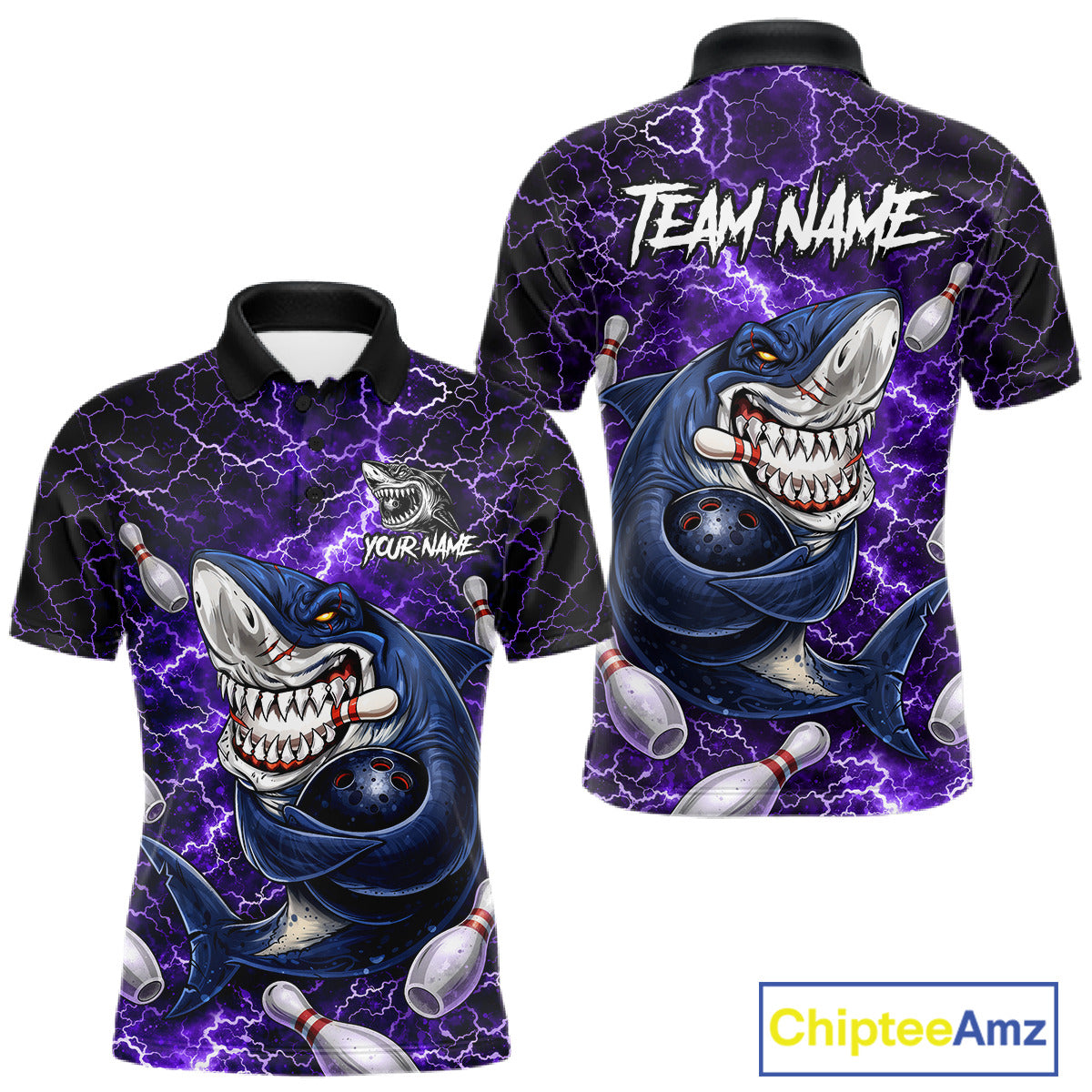 Purple Lightning Thunder Angry Shark Bowling shirts For Men Custom Shark Bowling Team Jerseys NQS11757