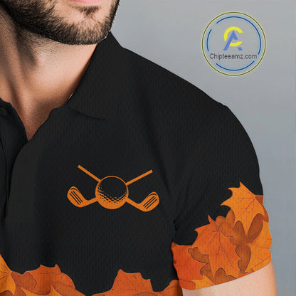 Black and Orange Autumn Leaf Custom Turkey Golf Polo Shirt For Men, Thanksgiving Golf Attire NQS10700