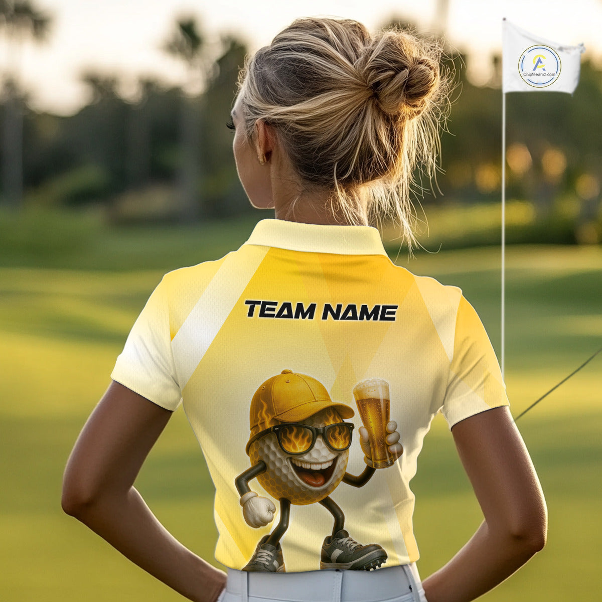 Funny Yellow pattern Golf ball drinking beer Women Golf Polo Shirt Custom team golf outfit for ladies NQS10718