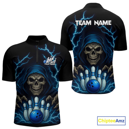 Black and Blue Lightning Thunder Reaper Skull Bowling Shirt For Men Custom Bowling Team League Jersey NQS10728