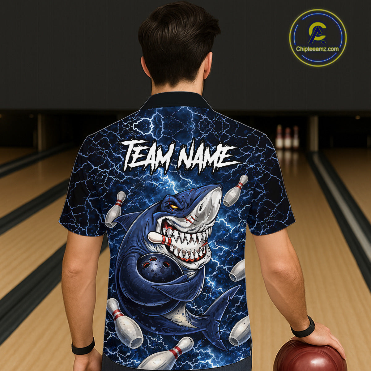 Blue Lightning Thunder Angry Shark Bowling button-up shirts Custom Shark Hawaiian Bowling Team Jersey NQS11539