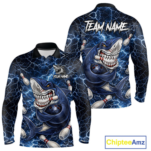 Blue Lightning Thunder Angry Shark Bowling shirts For Men Custom Shark Bowling Team Jerseys NQS11539