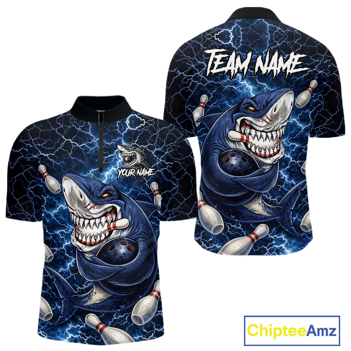 Blue Lightning Thunder Angry Shark Bowling shirts For Men Custom Shark Bowling Team Jerseys NQS11539