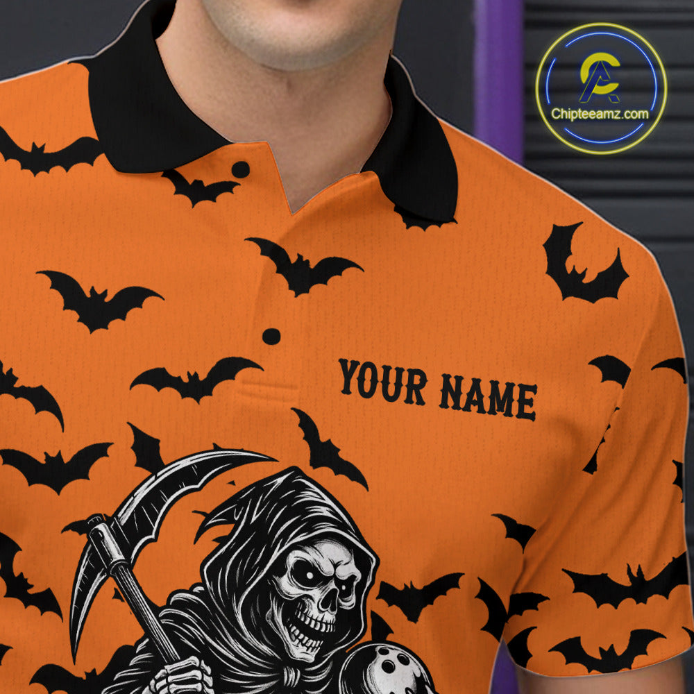 Black and Orange Bats Halloween Skull Reaper Bowling Shirts For Men Custom Bowling Team Jerseys NQS10755