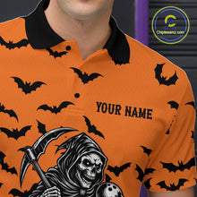 Load image into Gallery viewer, Black and Orange Bats Halloween Skull Reaper Bowling Shirts For Men Custom Bowling Team Jerseys NQS10755