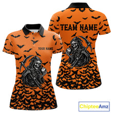 Load image into Gallery viewer, Black and Orange Bats Halloween Skull Reaper Bowling Shirts For Women Custom Bowling Team Jerseys NQS10755